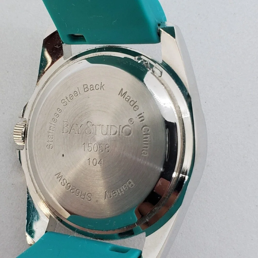 Bay Studio Women's Watch 31MM Gray Case Crystal Bezel Teal Plastic Bands NewBatt